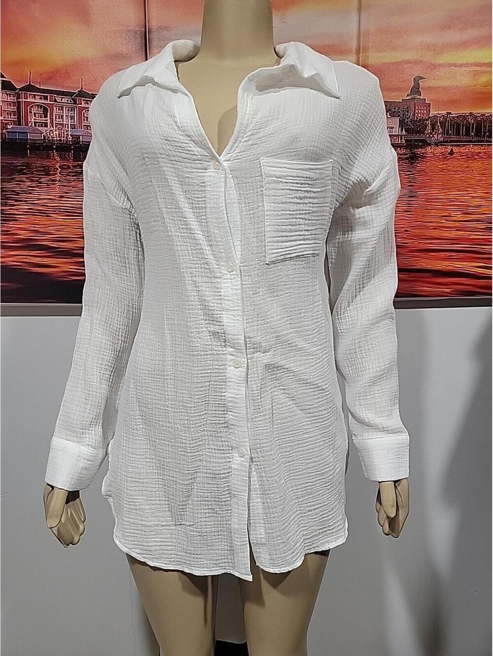 Shade & Shore Button-Up Cover Up Shirtdress Womens XS Long Sleeve White #R2